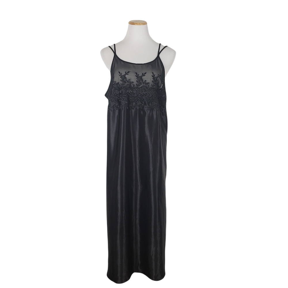 Vintage black long nightgown lingerie chemises slip floral sheer sleeveless L